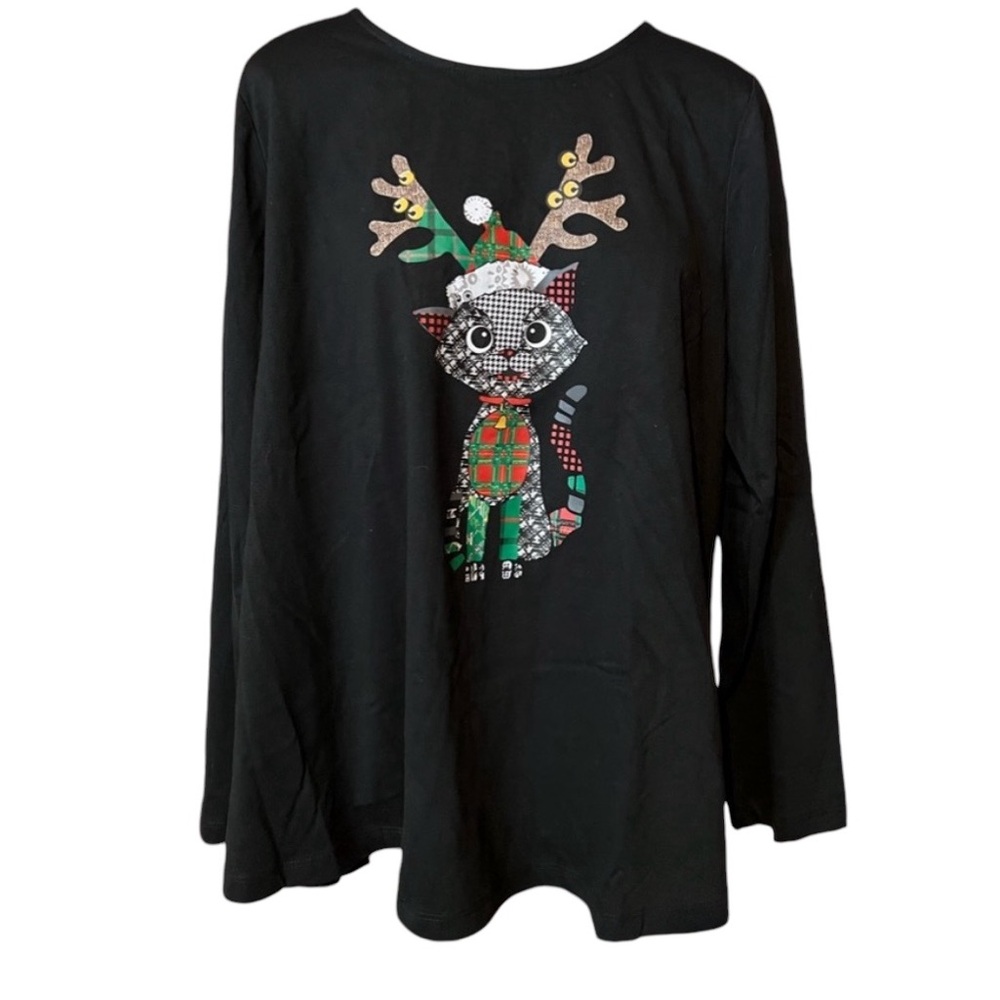 LN Christmas Cat Long Sleeve Top T Shirt Tee 1X Project Reindeer Holiday 1 X
